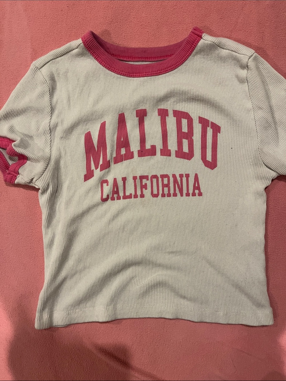 Malibu California Ribbed Tee - Cream with Pink Trim